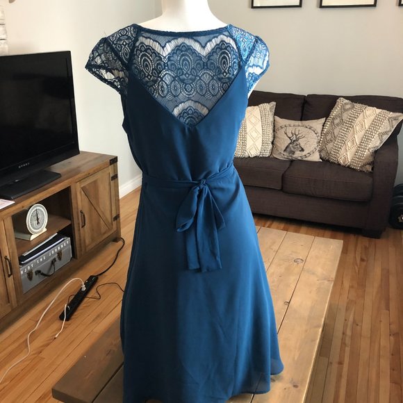 Blue Knee Length Bridesmaid Dress - Hush Collection + Rhinestone Sash - Picture 2 of 15